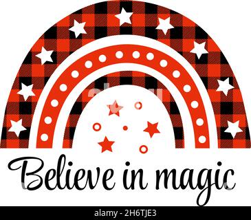 Boho arcobaleno. Rosso Boho Natale ornamento isolato. Buffalo plaid sublimazione design con stelle. Credete nella magia del Natale. Vettore isolato Illustrazione Vettoriale