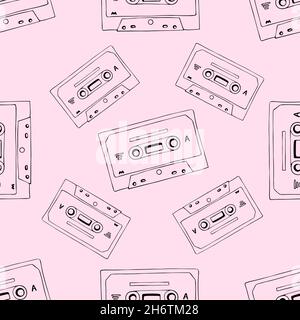 Cassetta disegnata a mano e mixtape modello senza cuciture, sfondo nero e rosa fumetto per tecnologia musicale o audio concetto. Illustrazione Vettoriale