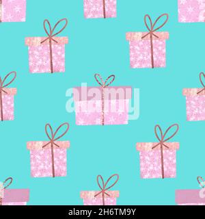 Modello senza cuciture con scatole regalo. Motivo da stampare da caselle rosa. Foto Stock