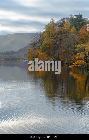 Vista di Ullswater nel Lake District a Cumbria, Inghilterra, Regno Unito, in una tranquilla mattina presto di novembre. Splendido paesaggio lacustre con colori autunnali. Foto Stock