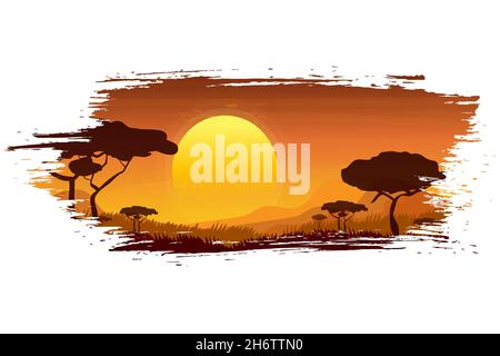 Paesaggio africano, tramonto a Savannah in stile cartone animato. Serata con silhouette di alberi della giungla e montagne all'orizzonte. Illustrazione vettoriale Illustrazione Vettoriale