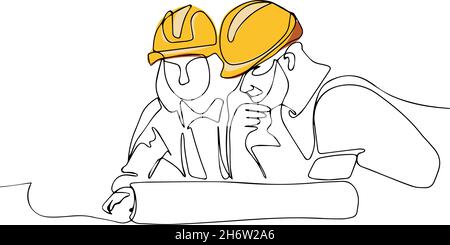 Disegno continuo a una linea diingegnere che indossa casco uniforme e di sicurezza Illustrazione Vettoriale