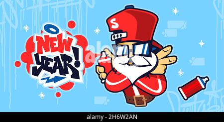 Cartoon Hiphop Urban Style Babbo Natale spruzzatura Graffiti nuovo anno Vector Illustration Art Illustrazione Vettoriale