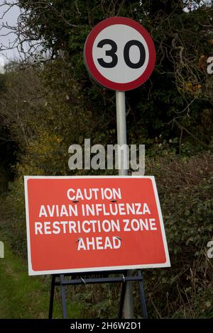 Grandi avvisi di zona di restrizione dell'influenza aviaria rossa sull'approccio alla Lower Quniton Warwickshire UK Foto Stock