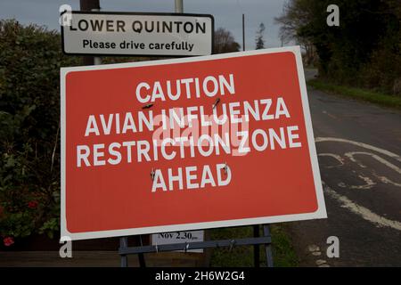 Grandi avvisi di zona di restrizione dell'influenza aviaria rossa sull'approccio alla Lower Quniton Warwickshire UK Foto Stock