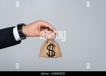 vista croppata dell'uomo che tiene il sacchetto di soldi con il segno del dollaro isolato sul grigio Foto Stock