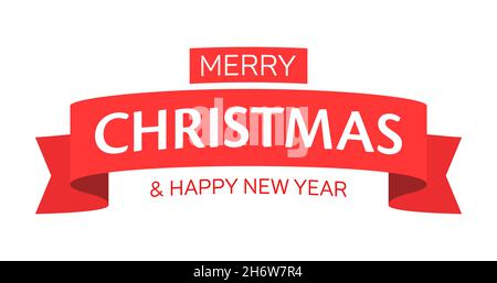 Buon Natale e Felice anno nuovo, banner vettoriale rosso in stile piatto, isolato su sfondo bianco. Illustrazione Vettoriale