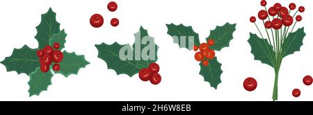 Set di decorazioni festive da ramoscelli con bacche rosse e foglie di agrifoglio. Decorazioni tradizionali per Natale e Capodanno. Illustrazione piatta vettoriale Illustrazione Vettoriale