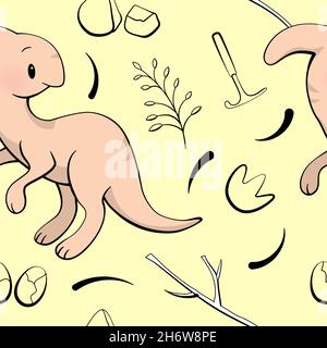 Modello senza cuciture con simpatico dinosauro. Parasaurolofo in stile kawaii. Vettore Illustrazione Vettoriale
