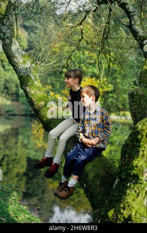 Stourhead Garden, Wiltshire, Inghilterra, Regno Unito: Due bambini si siedono sul ramo di un albero vicino al lago. Fotografia su pellicola trasparente del 1992. MODELLO RILASCIATO Foto Stock