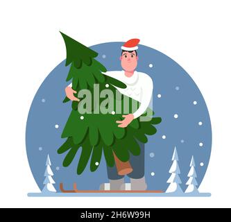 Un uomo porta un albero di Natale. Uomo in inverno abbigliamento sci nella foresta. Illustrazione vettoriale in stile piatto. Isolato su sfondo bianco. Illustrazione Vettoriale