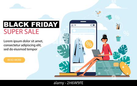 Bandiera del venerdì nero con donna che tiene un computer portatile, monete, carta di credito. Modello di illustrazione vettoriale. Illustrazione Vettoriale