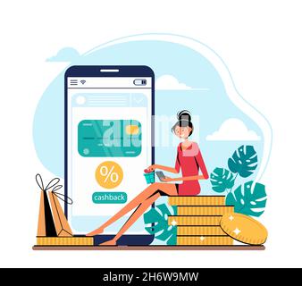 Concetto di cashback - donna con smartphone, borse e monete, smartphone con carta di credito su di esso. Illustrazione vettoriale in stile piatto. Illustrazione Vettoriale