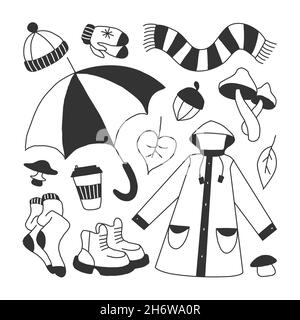 set di icone che simboleggiano l'autunno, stile cartoon luminoso, illustrazione vettoriale. Illustrazione Vettoriale