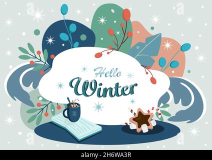 Sfondo invernale colorato con fiocchi di neve, una tazza di cacao o caffè, dolci e un libro. Ciao concetto di inverno. Illustrazione vettoriale. Illustrazione Vettoriale