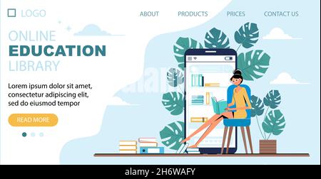 Biblioteca didattica online - landing page. La donna legge un libro sullo sfondo di uno smartphone. Biblioteca online di libri. Illustrazione vettoriale. Illustrazione Vettoriale