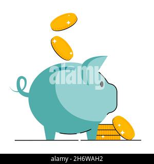 Piggy banca - maiale con monete, illustrazione isolata in stile piatto, icona per gli investimenti, risparmi, banca, finanza. Illustrazione vettoriale in stile piatto. Illustrazione Vettoriale