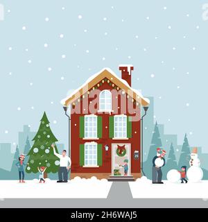 La gente decora la casa per la vacanza. Sfondo invernale. Una grande famiglia si prepara per il Natale. Illustrazione vettoriale in stile piatto. Illustrazione Vettoriale
