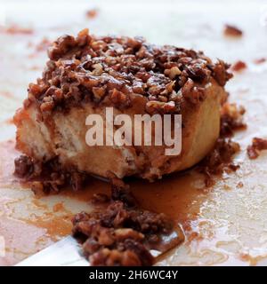 Pecan noce e sciroppo d'acero sticky Bun, al Lighthouse Cafe sull'isola di Orkney di North Ronaldsay, Scozia Foto Stock