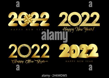 Grande set di 2022 logo dorati design elegante arco, anello, mosaico e numeri 3d su sfondo nero. Tipografia natalizia con testo in oro per banner Illustrazione Vettoriale