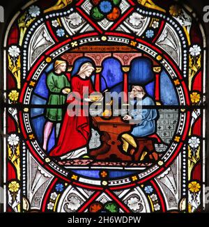 Una vetrata di Clayton & Bell 1858 raffigurante opere di Misericordia (nutrire l'affamato), Chiesa della Santissima Trinità, Blatherwycke , Northamptonshire Foto Stock