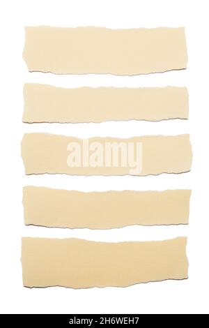 Collezione di strisce di carta beige con bordi strappati isolati su sfondo bianco Foto Stock