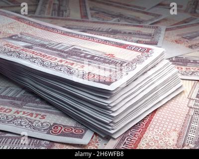 Denaro di Myanmar. Kyat fatture. Banconote MM3. 500 birmano. Affari, finanza, notizie di background. illustrazione 3d. Foto Stock