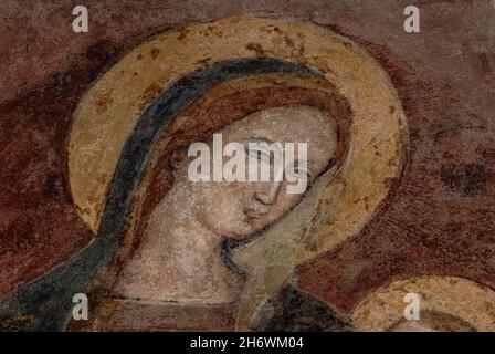 Alone d'oro intorno alla testa della Vergine Maria in vista dettagliata dell'affresco lombardo tardo medioevale della Madonna con Bambino nell'ex Chiesa dei Santi Giovanni e Reparata in Piazza San Giovanni, Lucca, Toscana, Italia. La basilica, oggi museo, fu ricostruita nel XII secolo sul sito di antichi edifici romani e di una chiesa e battistero paleocristiani che servivano come cattedrale originaria della città. Foto Stock