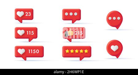 Set di tag di notifica digitale, icone di interfaccia 3d con mi piace e segno di approvazione del pollice su, contatore e messaggio, etichette rosse, stile di rendering Illustrazione Vettoriale
