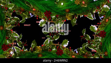 Immagine del testo di agrifoglio in ripetizione sopra la corona di natale. natale, inverno, tradizione e concetto di celebrazione immagine generata digitalmente. Foto Stock