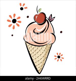 Gelato alla ciliegia. Crema rosa in cialda tazza disegno fatto a mano Illustrazione Vettoriale