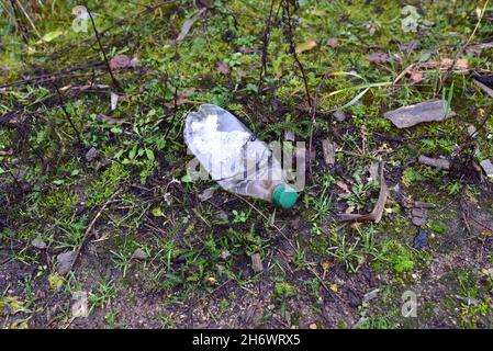 Una bottiglia di plastica viene gettata a terra. Concetto di inquinamento ambientale Foto Stock