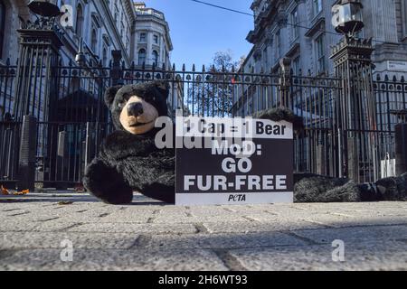 Un attivista PETA (People for the Ethical Treatment of Animals) vestito come orso, e tenendo un cartello che chiede al Ministero della Difesa (MOD) di andare senza pellicce, si trova sul marciapiede durante la protesta fuori Downing Street. PETA sta chiedendo al governo di sostituire la pelliccia di orso usata nelle protezioni della regina con la pelliccia di faux fatta da ECOPEL. Può prendere la pelle e la pelliccia di un orso per fare solo un cappuccio. ECOPEL si è offerto di fornire gratuitamente la loro pelliccia sintetica al Ministero della Difesa fino al 2030. (Foto di Vuk Valcic/SOPA Images/Sipa USA) Foto Stock