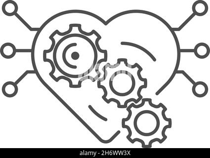 Cuore con ingranaggi. Icona linea sottile contorno. Isolato su sfondo bianco. Illustrazione Vettoriale