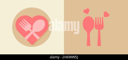 Cucchiaio e forchetta con l'icona di stile piatto del cuore. Isolato. Illustrazione Vettoriale