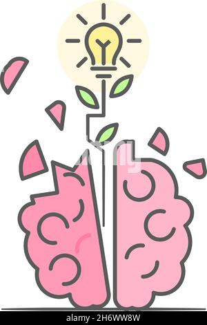 Lampadina pianta che esce da un cervello umano. Idea creativa, concetto di immaginazione. Illustrazione in stile piatto. Isolato su sfondo bianco. Illustrazione Vettoriale
