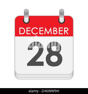Dicembre 28. Una foglia del calendario flip con la data del 28 dicembre. Stile piatto. Illustrazione Vettoriale