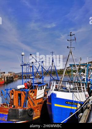 Primo piano di colorate barche da pesca nel porto, Malaig, Scozia Foto Stock