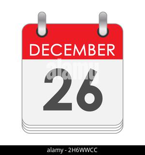 Dicembre 26. Una foglia del calendario flip con la data del 26 dicembre. Stile piatto. Illustrazione Vettoriale
