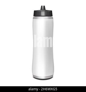 Bottiglia d'acqua isolata con etichetta bianca vuota e tappo nero. Mockup matracci per sport fitness. Modello vettoriale realistico per la progettazione Illustrazione Vettoriale