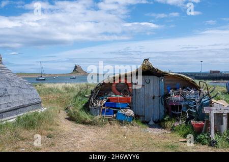 Attraenti 'capannoni' fatti da barche di aringa di legno ridiporto, il Porto di Lindisfarne, l'Isola Sacra. Il castello di Lindisfarne è sullo sfondo. Foto Stock