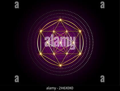 Simboli di alchimia Magica d'oro, geometria Sacra. Religione, filosofia, spiritualità, concetto di occultismo. Triangolo lineare con linee e cerchi sovrapposti Illustrazione Vettoriale