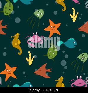 Divertenti animali marini sott'acqua modello senza giunture. Sfondo per bambini Illustrazione Vettoriale