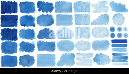 Raccolta di fatti a mano blu dipinti ad acquerello spazzole, sbavature, blob, macchie, cerchi, strisce, adesivi, spot blot, slick, web buttons, patch bac Foto Stock