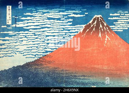 Hokusai. Vento Sud, Cielo chiaro (Gaifū kaisei), noto anche come Fuji Rosso di Katsushika Hokusai (葛飾 北斎, c.. 1760-1849), stampa a blocchi di legno policromi, inchiostro e colore su carta, c.. 1830-32, dalla serie trentasei viste del Monte Fuji (Fugaku sanjūrokkei) Foto Stock