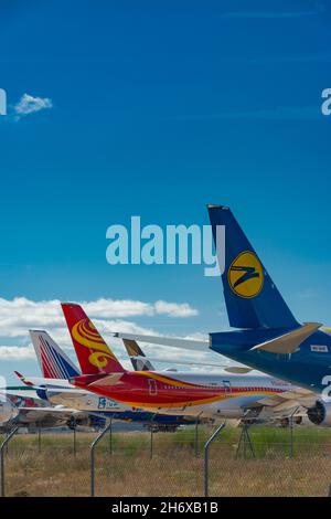 Caude, Teruel, Spagna. 13 luglio 2021 - Teruel Aerodrome il più grande centro di manutenzione, stoccaggio e riciclaggio di aeromobili a lungo termine in Europa Foto Stock