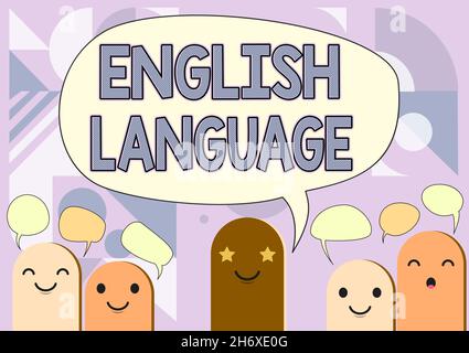 Didascalia di testo che presenta la lingua inglese. Parola per il terzo lang nativo parlato nel mondo dopo il cinese e spagnolo Cartoon teste disegno con Foto Stock