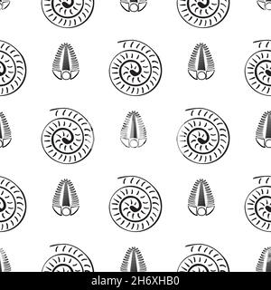 Sfondo di pattern senza giunture vettoriale trilobite Ammonite. Cephalopod a forma di spirale e fossili a coste artropodi disegnati a mano. Sfondo monocromatico Illustrazione Vettoriale