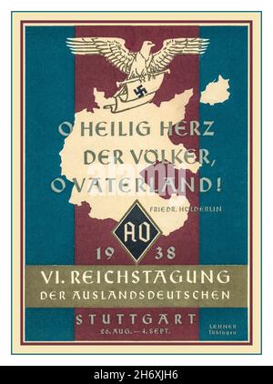 1938 carta poster di Propaganda nazista o Heilig herz der Völker o waterland reichstagung der auslands deutschen- o cuore santo dei popoli o waterland. Conferenza imperiale dei tedeschi all'estero ha firmato Lehner Tübingen, con citazione di illustrazione da Hölderlin, mappa dell'Impero tedesco e dell'aquila imperiale con la Svastika nazista Stuttgart Germania nazista Foto Stock