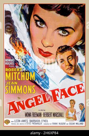 ANGEL FACE Vintage 1950's retro film poster con Robert Mitchum Jean Simmons Mona Freeman Herbert Marshall diretto e prodotto da otto Preminger. Angel Face è un film noir in bianco e nero americano del 1953 diretto da otto Preminger. Il dramma, girato sul luogo a Beverly Hills, California, le stelle Robert Mitchum e Jean Simmons Foto Stock